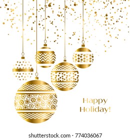 Christmas bauble decoration in gold color. Vector illustration with new year balls for xmas card, invitation, surface design. Luxury style ornament elements. 