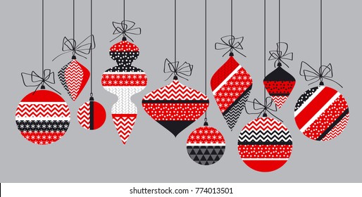 Christmas bauble decoration in patchwork style. Vector illustration with new year balls for xmas card, invitation, surface design. Cute winter celebration element in red and black color.