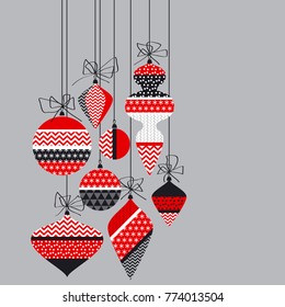 Christmas bauble decoration in patchwork style. Vector illustration with new year balls for xmas card, invitation, surface design. Cute winter celebration element in red and black color.