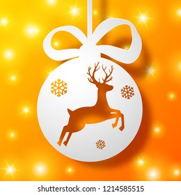 Christmas bauble with deer silhouette on glowing orange background flat vector illustration