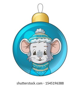 Christmas bauble with drawing cartoon mouse (rat) wearing turquoise knitted scarf and hat. Isolated objects on white background. Decor element for gift card, kids products. Vector illustration.