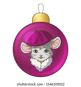 Christmas bauble with drawing cartoon mouse (rat) wearing a purple beret. Isolated object on white background. Decor element for gift card, kids products. Vector illustration.