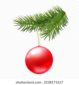 Christmas bauble with fir tree branch isolated on transparent background. New year vector 3d element