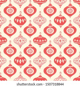 Christmas bauble geometric pattern design in red, pink and cream. Seamless vintage style vector seasonal illustration.
