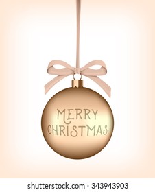 Christmas bauble gold with Merry Christmas text on a creamy ribbon suspended - vector eps 10 illustration.