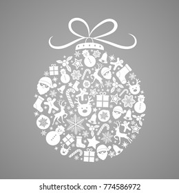 Christmas bauble made of beautiful ornaments. Holiday greeting card. Vector.