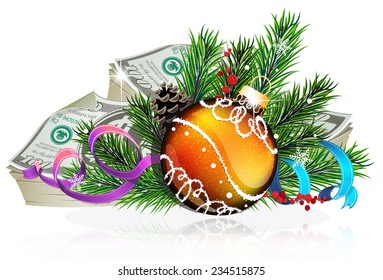 Christmas bauble with money and fir tree branches on white background