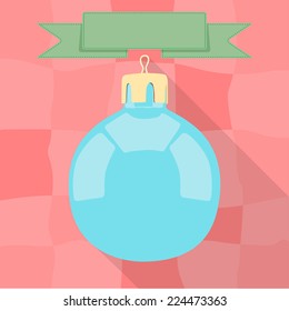Christmas bauble on red background with green banner on the top. EPS10 vector illustration