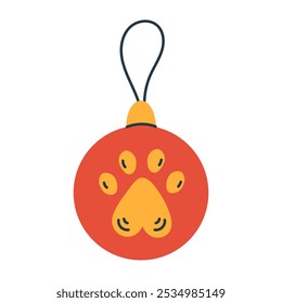 Christmas Bauble with paw print. Xmas decoration. Hanging Red ball with cat or dog footprint. Pet Holiday symbol. Vector illustration in flat style