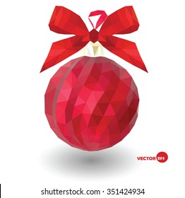 Christmas bauble. Red Christmas ball with ribbon, isolated on white background. low poly vector illustration.