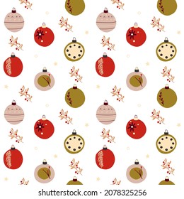 Christmas bauble seamless pattern background. Cute toys in scandinavian style. Vector holiday floral repeat texture