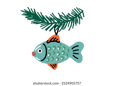 Christmas bauble in the shape of fish. Fir branch with hanging Christmas decoration. Naive art illustration. 