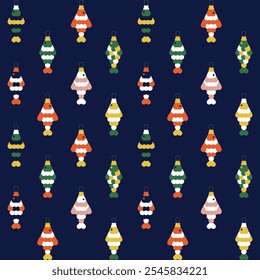 Christmas bauble in the shape of fish. A Soviet Christmas tree toy. A goldfish with a red tail, a glass toy. Cute illustration in vintage colors. Vintage Christmas seamless pattern. Retro Christmas