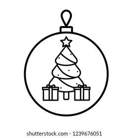 Christmas Bauble stars outline icon xmas toy. Decorated Christmas tree Gift box with bow and ribbon
