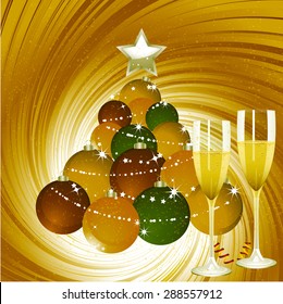 Christmas Bauble Tree with Decorations and Champagne Glasses over a Golden Background
