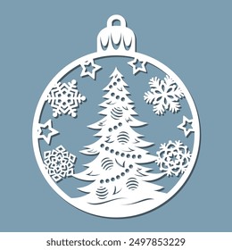 Christmas bauble with tree, laser cut Christmas and New Year decor template.