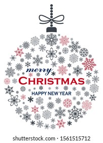 Christmas bauble vector with snowflakes, hanger and Christmas greetings on white background.