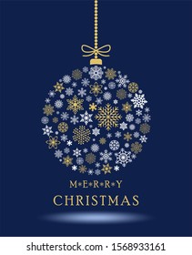 Christmas bauble vector with snowflakes, hanger, chain and greetings.
For background, wallpaper and greeting cards.
Merry Christmas Text in golden letters on Blue background.