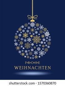 Christmas bauble vector. Snowflakes, hanger and German Christmas greetings. Blue background.
Translation german to english:Frohe Weihnachten is Merry Christmas.