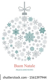 Christmas bauble vector with snowflakes and italian christmas greetings on white background.
Translation italian to english: Buon Natale is Merry Christmas, Felice Anno Nuovo is Happy New Year.