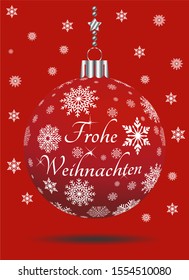 Christmas bauble vector with snowflakes, silver hanger and german Christmas greetings on red background.
Text translation from german to english: Frohe Weihnachten is Merry Christmas