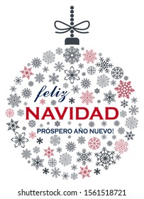 Christmas bauble vector with snowflakes and spanish christmas greetings on white background.
Translation spanish to english: Feliz Navidad is Merry Christmas, Prospero Ano Nuevo is Happy New Year.