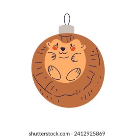 Christmas bauble in vintage style. Retro Xmas ball, holiday tree ornament. Cute funny hedgehog animal in sphere. New Year decoration. Flat vector illustration isolated on white background