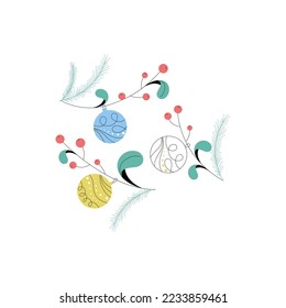 Christmas Baubles with Berry and Spruce Twigs Vector Illustration. Seasonal Winter Holiday Decor