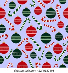 Christmas baubles and candy cane seamless vector pattern. It is suitable for decorations, tiles, fabric, textile, cloth, wrapping, packaging and many  more.