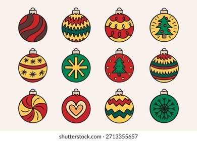 Christmas baubles clipart set with patterned round ornaments, festive holiday collection, hand drawn. Vector illustration.