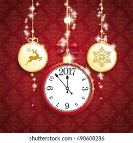 Christmas baubles with clock and date 2017 on the red background with ornaments. Eps 10 vector file.