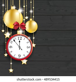 Christmas baubles with clock on the wooden background. Eps 10 vector file.