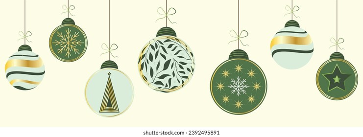 Christmas Baubles Dark Green and Golden Decorative Happy New Year, Vector Illustration Banner 