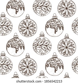 Christmas baubles decoration seamless pattern vector illustration. Hand drawn, vintage style