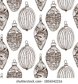 Christmas baubles decoration seamless pattern vector illustration. Hand drawn, vintage style