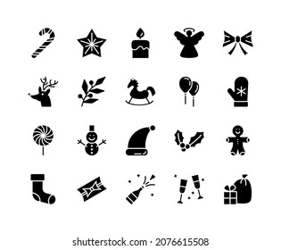 Christmas baubles and decorations flat line icons set. Celebration concept - snowflake, reindeer, candles, snowman, champagne, gifts. Simple flat vector illustration for web site or mobile app.