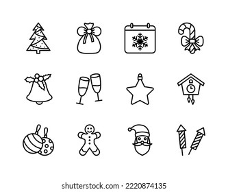Christmas baubles and decorations flat line icons set. Celebration concept - snowflake, candles, snowman, champagne, gifts. Simple flat vector illustration for web site or mobile app