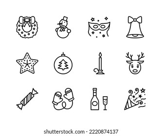 Christmas baubles and decorations flat line icons set. Celebration concept - snowflake, candles, snowman, champagne, gifts. Simple flat vector illustration for web site or mobile app
