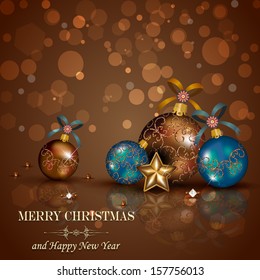 Christmas baubles and decorations on chocolate background-lights of transparency and blending effects gradient mesh EPS-10