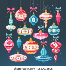Christmas baubles. Decorative elements hanging on strings. Isolated elements on dark background. Colorful vector illustration.
