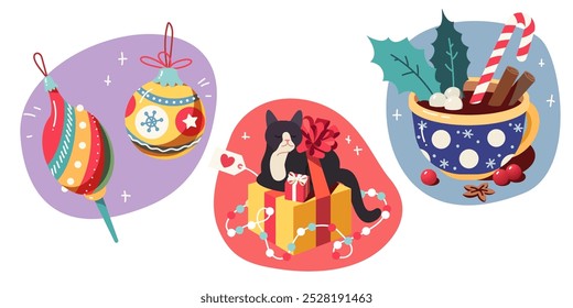 Christmas baubles, gift box decorations set. Xmas balls, festive garland, traditional hot chocolate with marshmallow, candy cane. New Year winter holiday decorative elements flat vector illustration