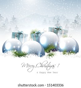 Christmas baubles and gifts in winter landscape - vector background 