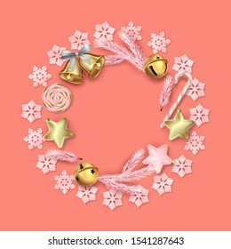 Christmas baubles and golden decorations. Festive vector background. Circular composition