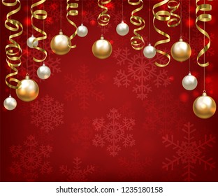 Christmas baubles and golden serpentine streamers on red background. Christmas card