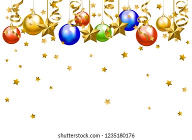 Christmas baubles and golden serpentine streamers.
