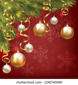Christmas baubles and golden serpentine streamers. Christmas card