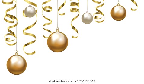 Christmas baubles and golden serpentine streamers. Christmas decoration clip art.