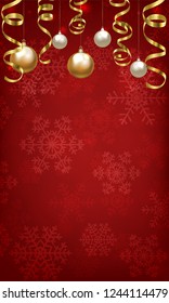 Christmas baubles and golden serpentine streamers on red background. Christmas card