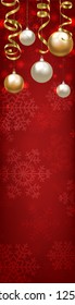 Christmas baubles and golden serpentine streamers on red background. Christmas card
