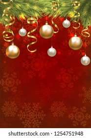 Christmas baubles and golden serpentine streamers. Christmas card